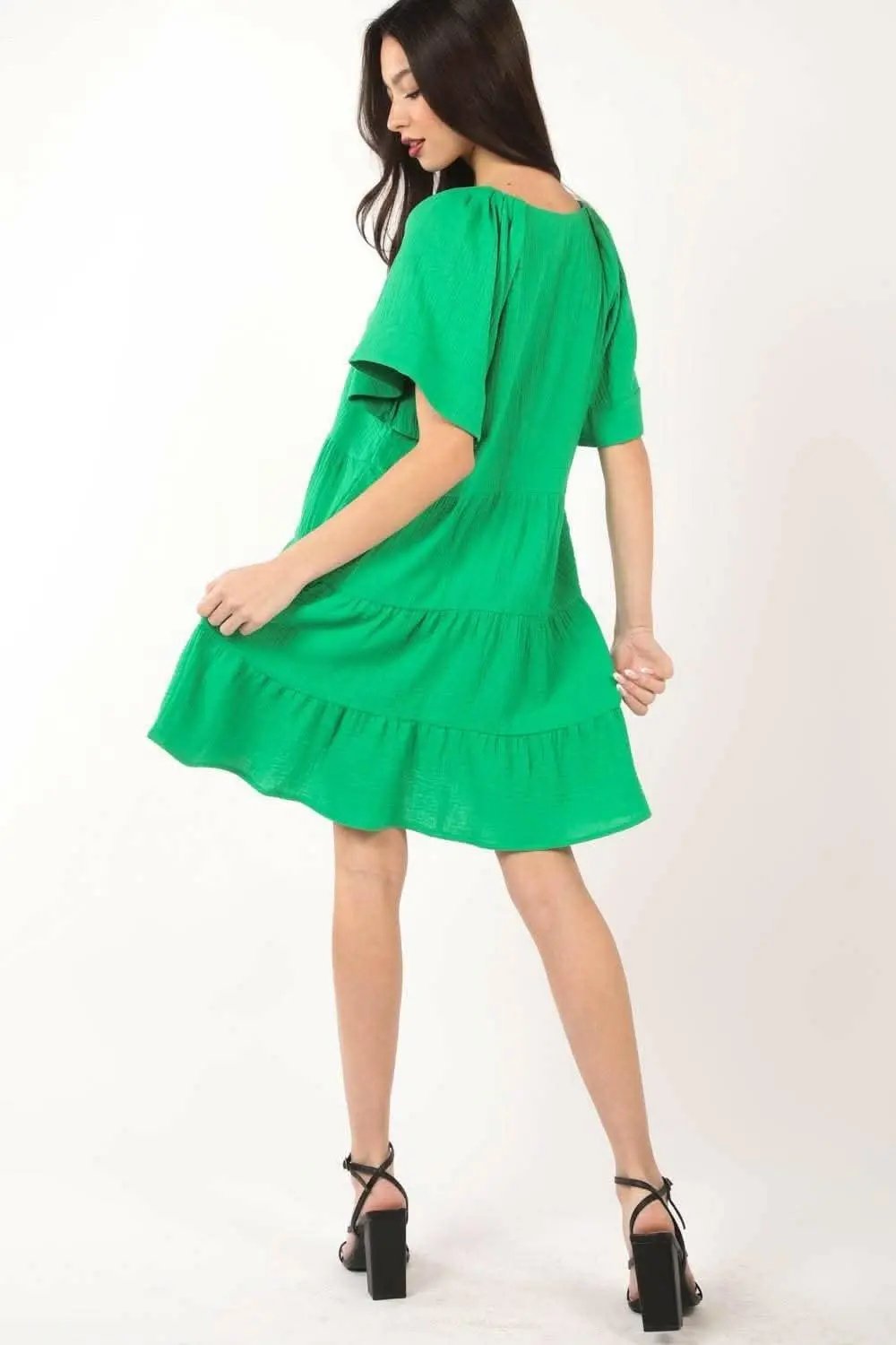 Tiered Elegance Ruffled Dress with Textured V-Neck - Love Salve